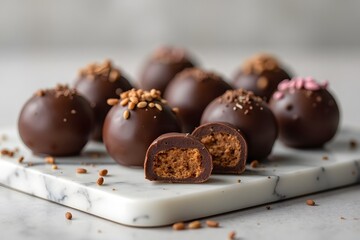 Gourmet chocolate truffles arranged on a marble tray