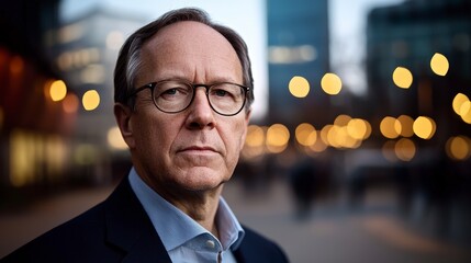 Fototapeta premium Thoughtful Businessman Posing Outdoors with Urban Background