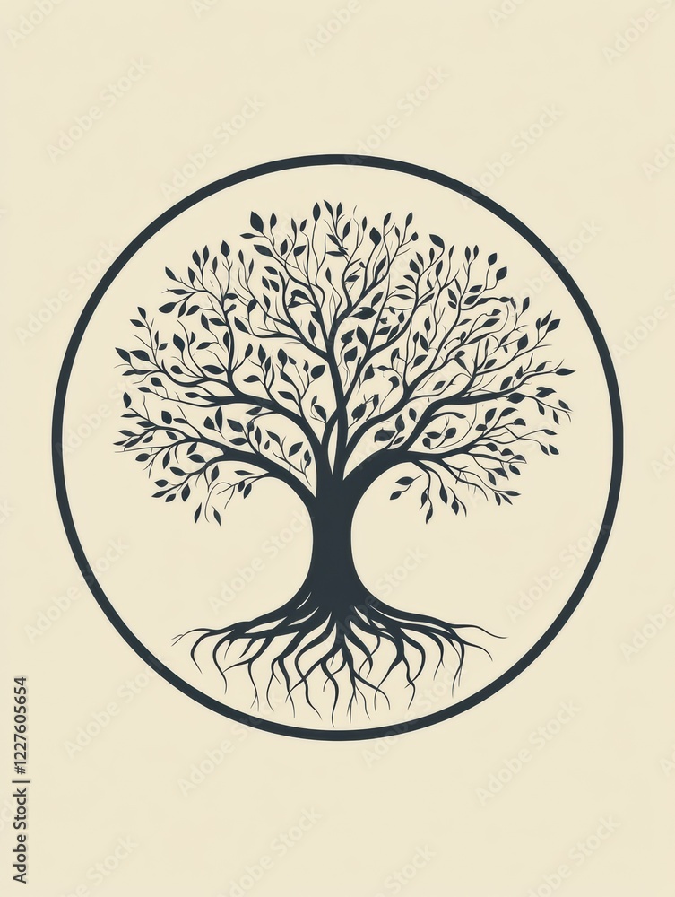 Poster depiction of tree of life with intricate roots and branches in a circular design against a neutral b