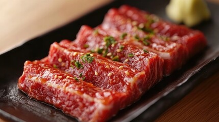 Raw Beef Slices Garnished with Green Onions on Black Plate for Culinary Presentation