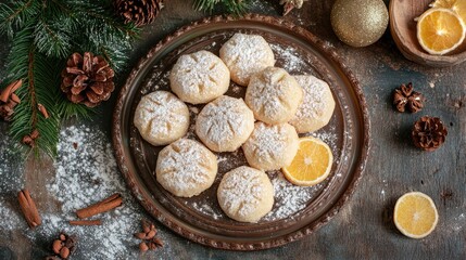 Fototapeta premium Traditional Christmas cookies arranged on a decorative platter with festive decorations and natural elements in a cozy holiday setting