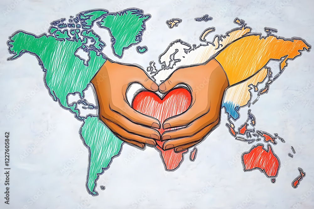 Poster single continuous line drawing hands stacked in the middle of a heart shape on a world map backgroun