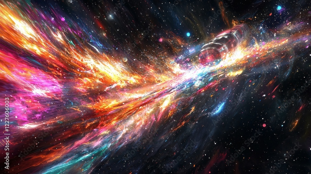 Poster cosmic voyage: a vibrant nebula explodes with color as a spaceship travels through the heart of the 