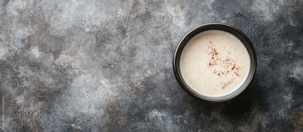 Aufkleber homemade mushroom cream soup in a black bowl on textured concrete background with ample empty space 