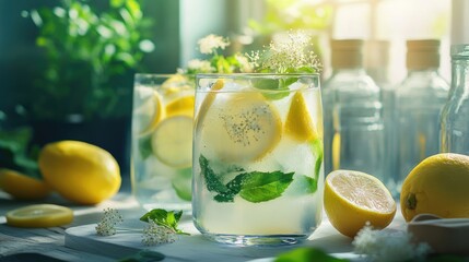 Fototapeta premium Organic elderflower lemonade refreshing drink with lemons and mint showcasing a sunny summer vibe and a recipe card in a cozy setting