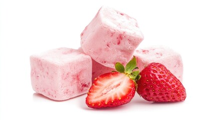 Homemade Strawberry Marshmallows with Fresh Strawberries Isolated on a Clean White Background