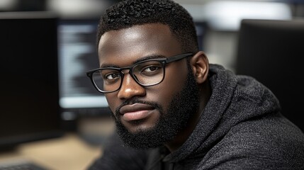 Young Man with Glasses and Beard in Modern Office Setting