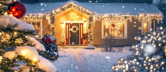 Charming home exterior adorned with festive Christmas lights and snowy landscape creating a warm winter evening atmosphere for seasonal celebrations