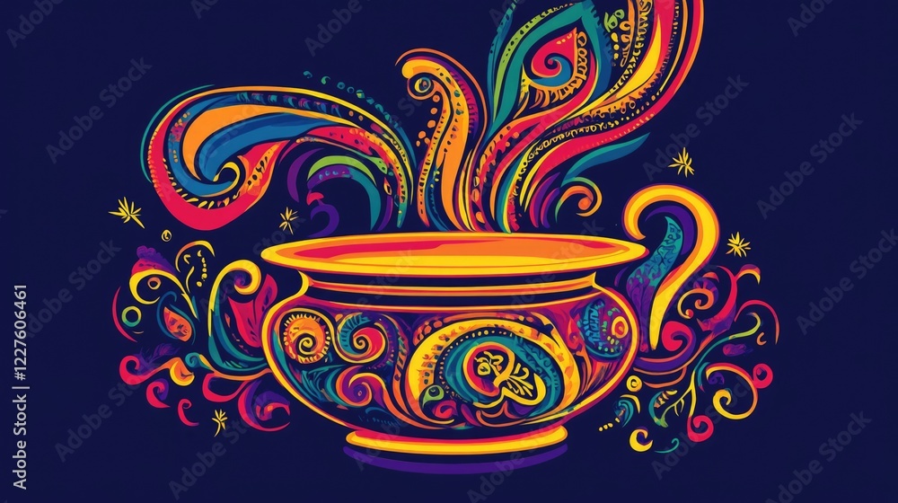 Poster vibrant colorful pot artwork with swirling patterns ideal for t-shirt design and canvas prints featu