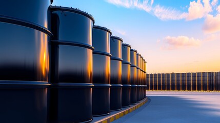 Row of black barrels under a vibrant sunset sky at an industrial site, symbolizing storage and logistics