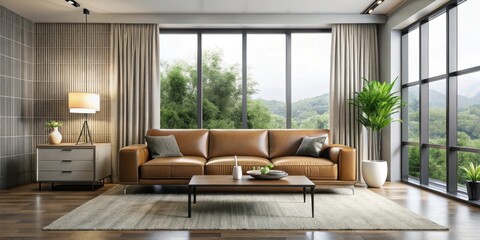 Modern living room with sleek furniture and neutral color palette featuring a large window with natural light pouring in, leather sofa, neutral colors