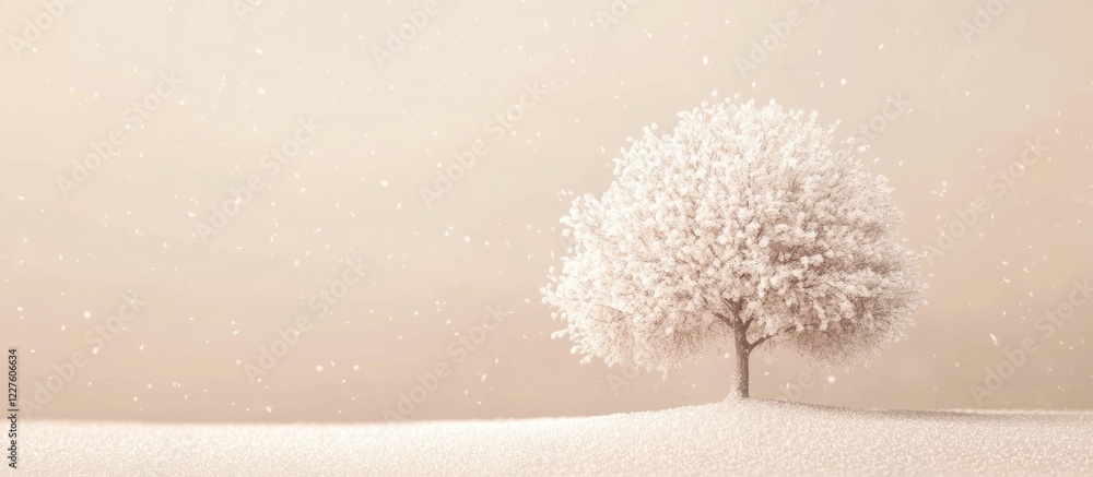 Poster minimalist winter tree icon with fluffy white foliage on a sandy backdrop, featuring star shape elem