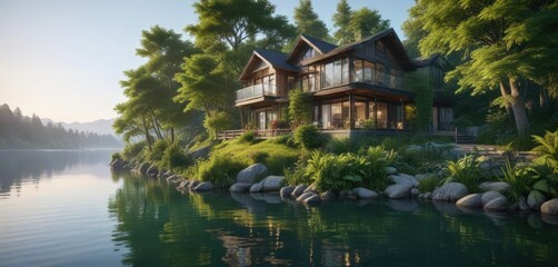 Obraz premium serene lakefront house with lush greenery and a tranquil atmosphere , greenery, tranquility, serene