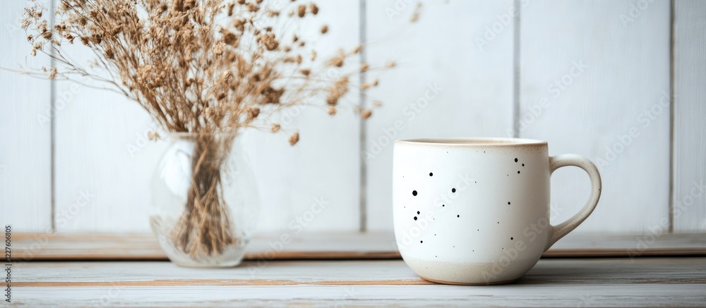 Poster white mug mockup with hand lettering on rustic table next to dried flowers in vase create ideal spac