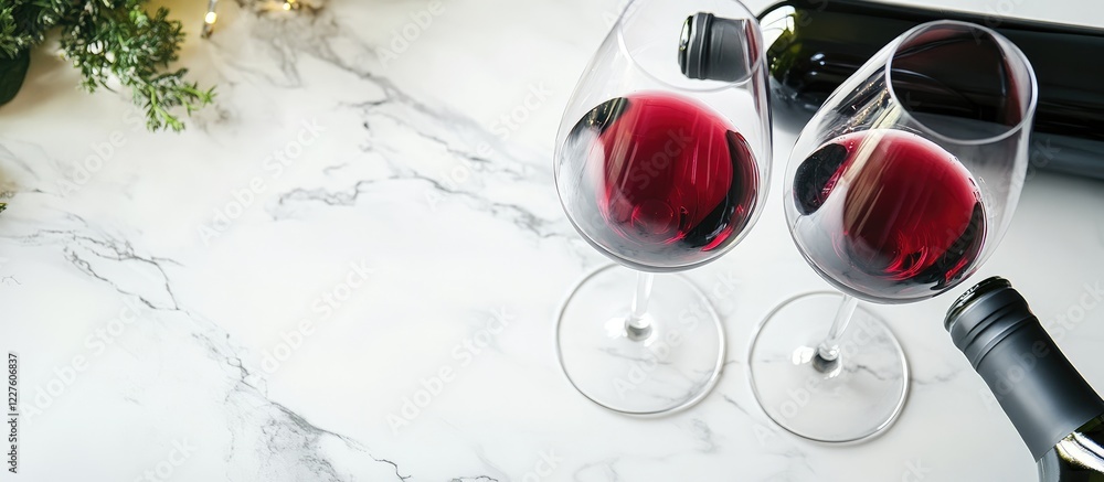 Poster elegant wine glasses on a marble table with a bottle and empty space for text ideal for interior des