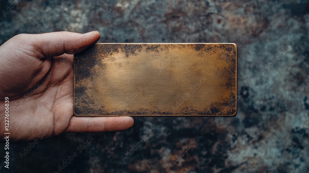 Poster close up of hand holding a vintage bronze nameplate with empty space for text on textured background