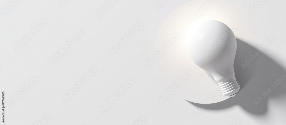 Poster white light bulb on white background casting soft shadow with ample space for creative text or brand