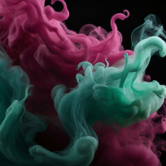 Close-up of colorful ink diffusing in water, forming dynamic, cloud-like tendrils. Bold and rich hues of magenta, cyan, and emerald green with sharp contrast against a dark background