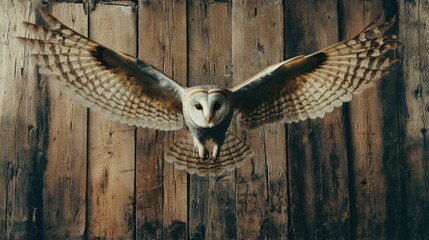 Beautiful barn owl in flight against wooden background highlighting its wings and features with ample copyspace for text or design elements