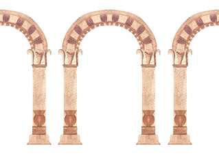 Obraz premium Greek ancient classic arch seamless border isolated on white. High quality architecture watercolor illustration for cards, posters, tape, decor and design. Decorative residence image in beige color