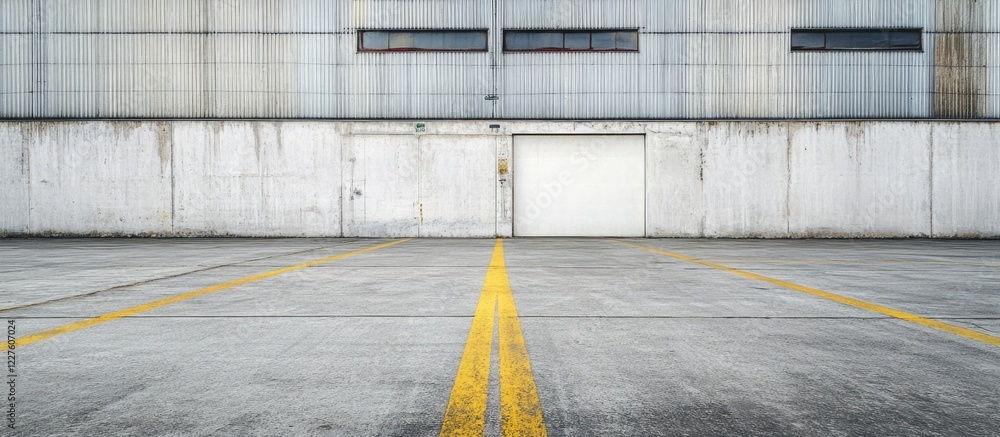 Poster Concrete warehouse floor with ample empty space and clear lines ideal for background use or showcasing promotional text or design elements