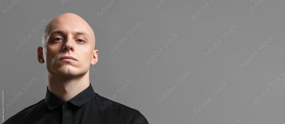 Poster mockup of a confident young bald man against a plain background with ample space for text or brandin