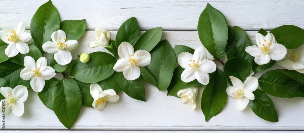 Poster fresh green leaves and white flowers border on rustic wooden background with empty space for text cr