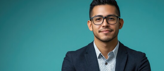 Confident Hispanic businessman in blazer with glasses posing against teal backdrop ideal for marketing or business-related content.