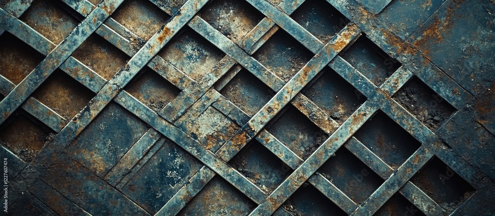 Poster textured metal grating in high angle view displaying wear and dirt with ample empty space suitable f