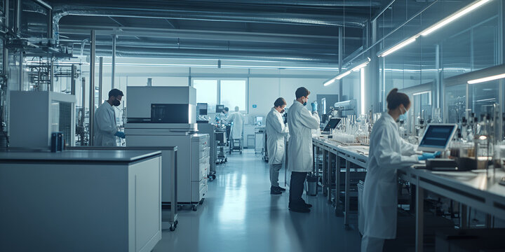 A modern research lab with scientists working on advanced experiments and technology, surrounded by sleek laboratory instruments and computers.