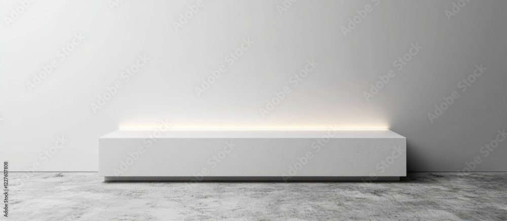 Poster minimalist kitchen showroom featuring a white counter on a concrete floor with neon lighting and amp