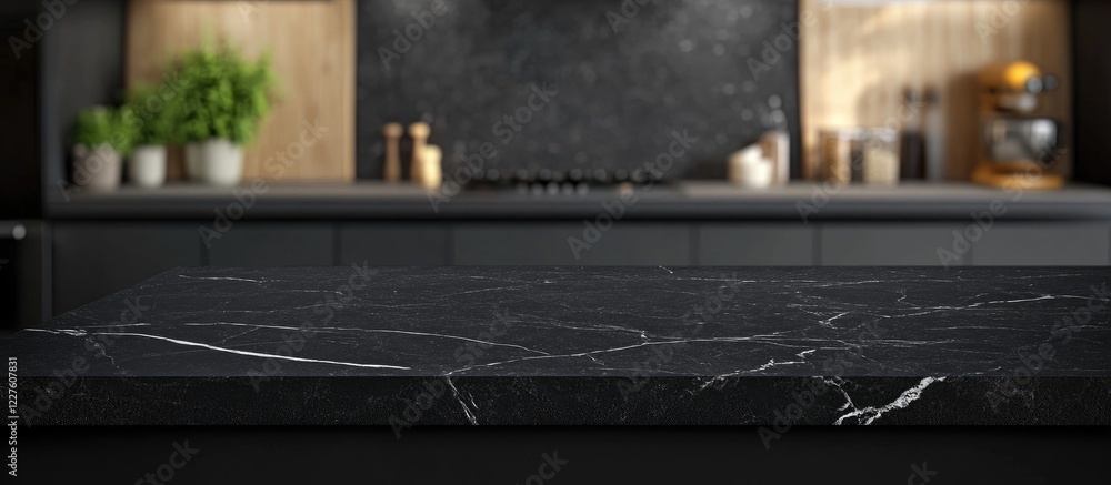 Poster elegant black stone tabletop in modern kitchen setting with blurred background and ample copyspace f