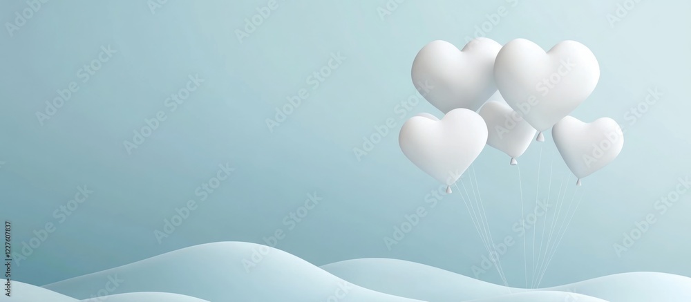 Poster Heart shaped white helium balloons floating against a soft blue sky with ample empty space for adding promotional text or messages.
