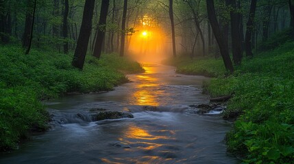 Fototapeta premium Golden Sunrise Illuminating Misty Forest and Flowing Stream in Nature's Tranquil Landscape