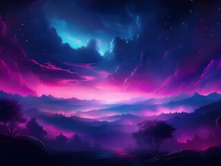 Fototapeta premium A vast, endless sky in deep magenta and fuchsia hues, crackling with unnatural energy. Otherworldly creatures with glowing eyes lurk in the thick mist, their shadowy forms barely visible through