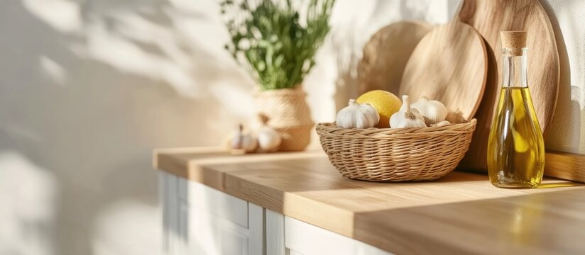 Charming bright kitchen interior with wooden cupboards garlic onions in baskets olive oil and lemon natural light ambiance