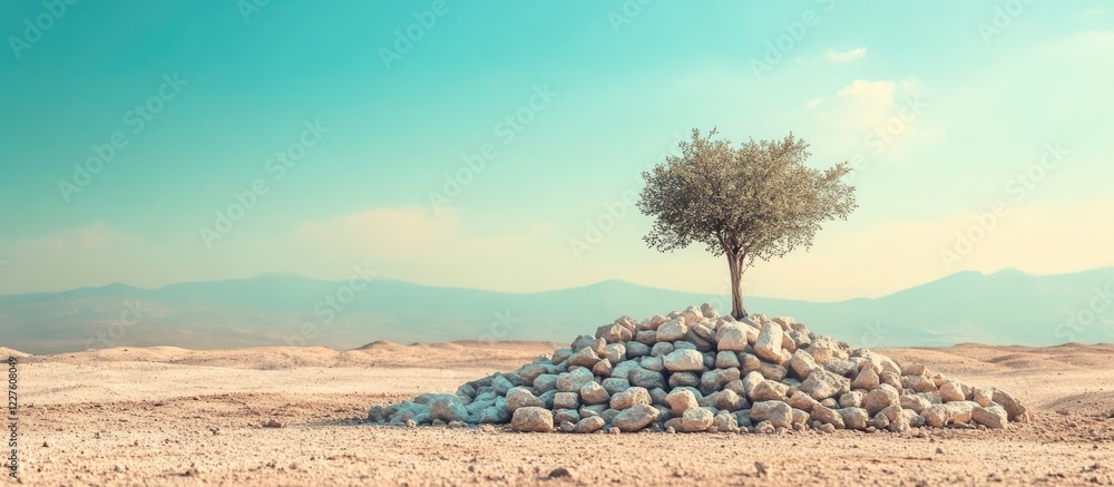 Poster desert landscape with a solitary tree on a stone mound vintage tones and ample empty space for custo