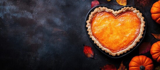 Heart shaped Halloween pie surrounded by autumn leaves and pumpkins with dark background for festive dessert presentations