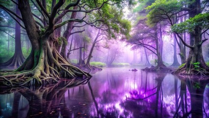 Dense foliage surrounds a misty, mysterious violet-colored lake in the heart of a primeval swamp, with twisted tree roots emerging from the water's edge, mysterious, violets