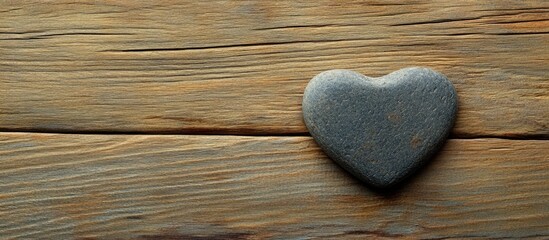 Heart Shaped Stone on Rustic Wood Surface with Blank Space for Text Creation and Romantic Themes