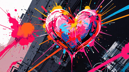 Striking Abstract Love Artwork with Dynamic Blue and Red Paint Strokes on Canvas heart shaped illustration retro wallpaper