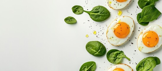 Healthy breakfast composition featuring spinach, eggs, and avocado on a white background with ample space for text and branding.