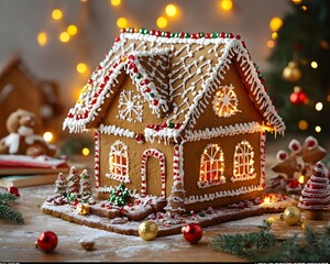 Gingerbread House with Holiday Lights and Baking Books Indoors – Generative AI