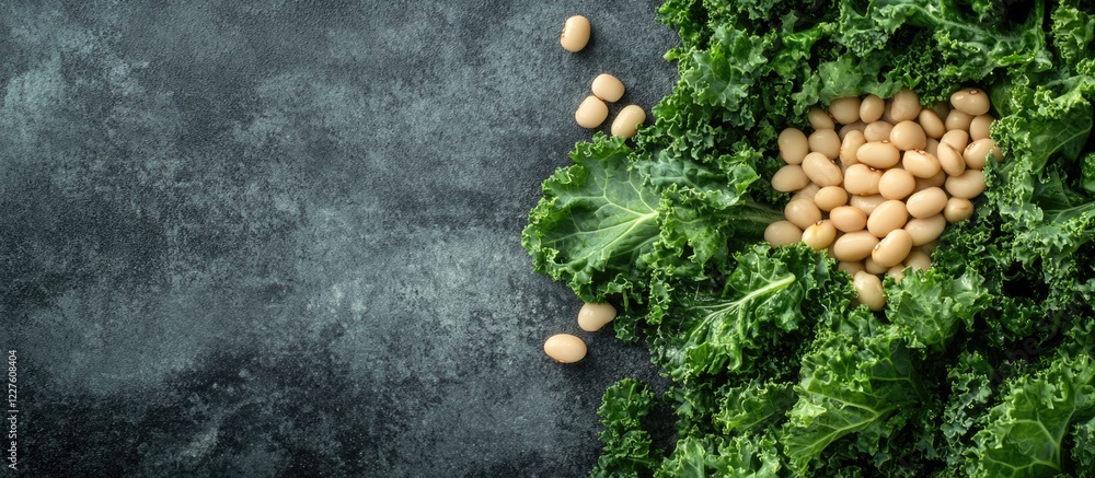 Poster fresh kale and white bean salad top view with empty space for text on dark stone background