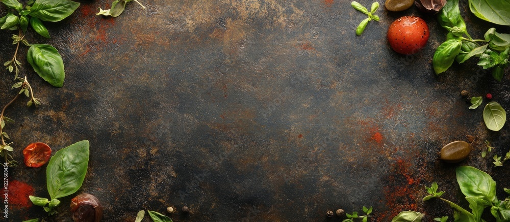 Aufkleber fresh ingredients surrounding empty space for creative text on rustic background