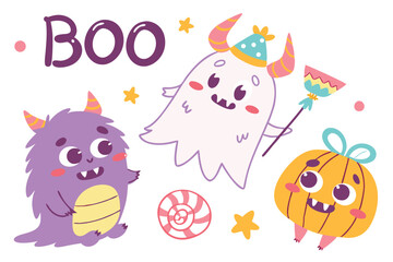 Cute cartoon monsters, colorful creatures, hand-drawn style, playful characters, various shapes and sizes, friendly expressions, purple, pink, blue, green, orange, yellow accents, fluffy textures, hor