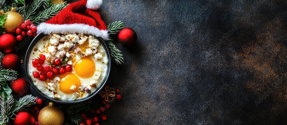 Poster healthy festive breakfast with eggs and toppings on dark background with empty space for text design