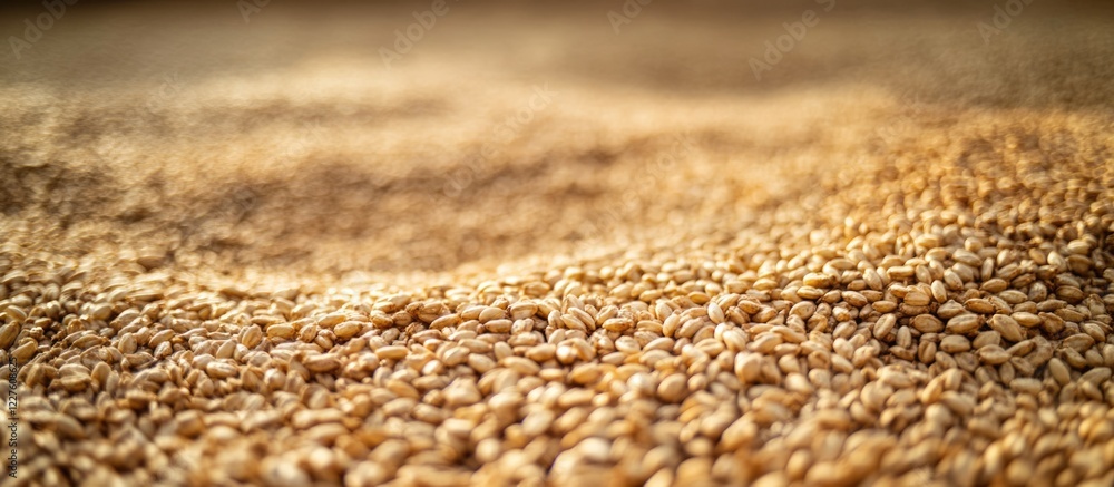 Poster harvested grains in agricultural setting with blurred background and ample empty space for text and 