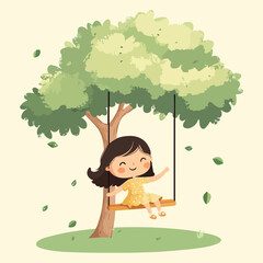 A girl swinging on a swing in a tree vector illustration 