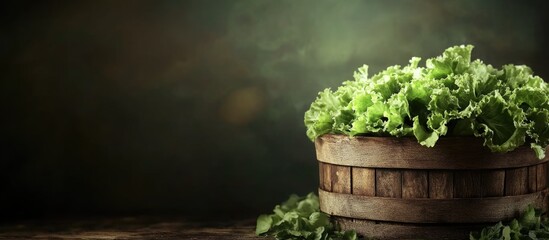 Freshly Harvested Lettuce in a Rustic Wooden Basket on a Dark Background with Space for Text or Branding